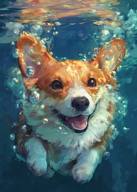 Happy Corgi Swimming Underwater