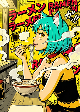 Eating Ramen by Cat Eared Anime Girl
