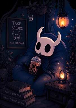 Hollow Knight Character Relaxing with Boba