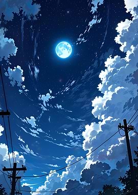 Anime Night Sky with Moon and Clouds