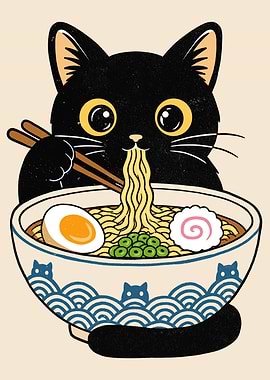 Cute Black Cat Eating Ramen