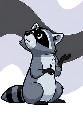Cartoon Raccoon Shrugging with Abstract Grey Purple Background studio