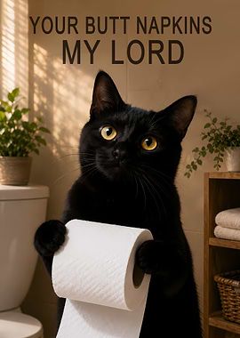 Black Cat Holding Toilet Paper