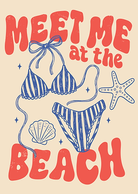 Meet Me at the Beach Poster, Retro Summer Wall Art, Vintage Beach Quote Print