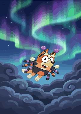 Bluey as a spider in the aurora