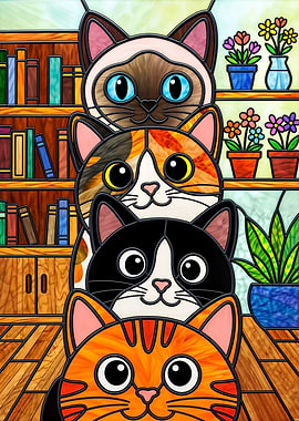 Stacked Cats in a Library