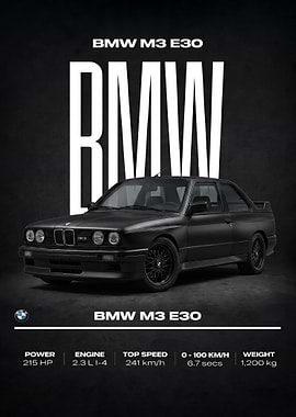 matte black BMW M3 E30 car poster