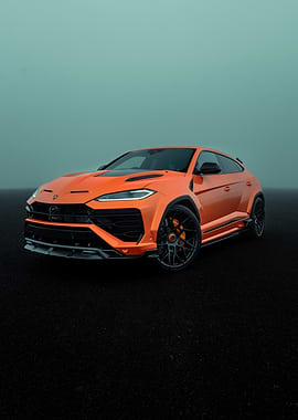 Orange Lamborghini Urus in Fog
