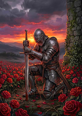 Knight Kneeling in Rose Field at Sunset