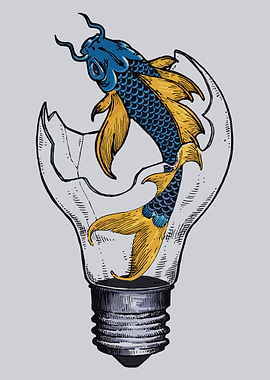Koi Fish Lightbulb Poster, Surreal Japanese Fish Art, Creative Wall Decor Print