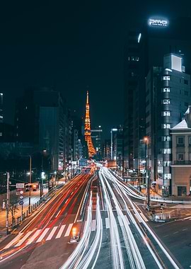 Tokyo Tower at Night with Light Trails