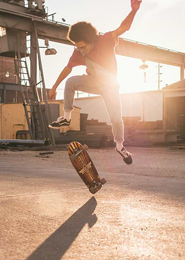 Skateboarder mid-air jump at sunset