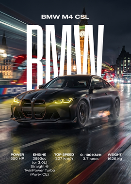 fast matte black BMW M4 CSL in London poster