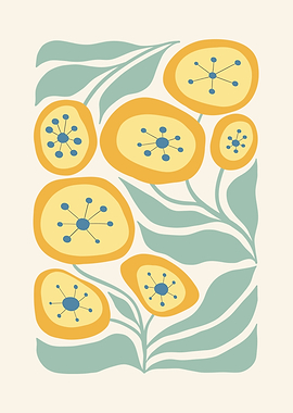 Abstract Yellow Flowers with Blue Centers