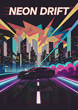 Neon Drift Car in Cityscape