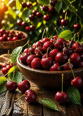 Fresh Cherries in Wooden Bowl