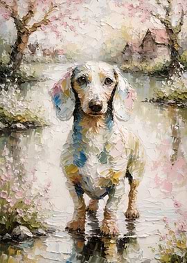 Dachshund in a Spring Landscape Painting