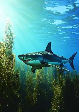 Great White Shark in Kelp Forest
