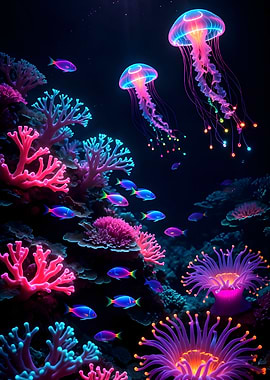 Neon Jellyfish and Coral Reef