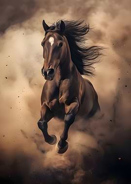 Horse running through dust