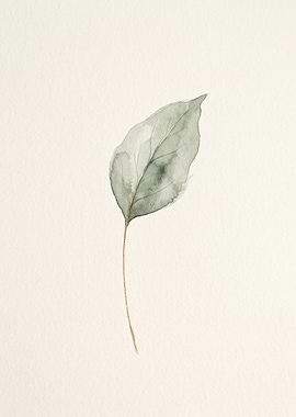 Sage Green Single Leaf Minimalist Wall Art | Watercolor Botanical Gold Stem