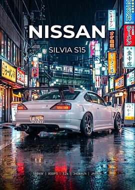 white jdm Nissan Silvia S15 in Tokyo poster