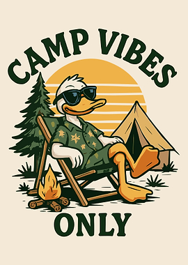 Camp Vibes Only Poster, Funny Duck Camping Art, Sunset Outdoor Wall Print