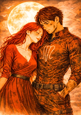 Couple Embracing Under a Full Moon