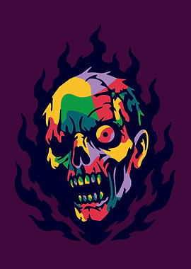 Colorful Zombie Skull with Flames