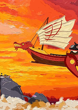 Dragon Ship Sailing Through Fiery Sky