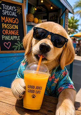 Golden Retriever puppy drinking a smoothie