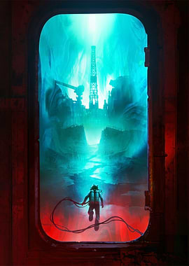 Astronaut exploring alien industrial landscape