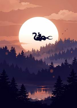 Silhouette of a boy riding a dragon in front of the sun