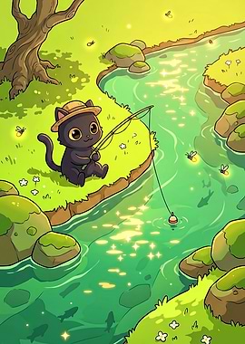 Cute Straw Hat Cat Fishing by the River