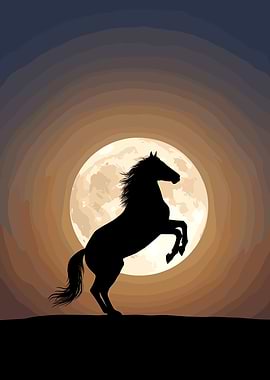 Silhouette of a horse rearing up against a large moon