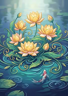 Golden Lotus and Koi Fish Serenity