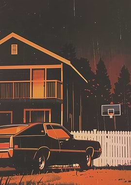 Retro Car and House at Night