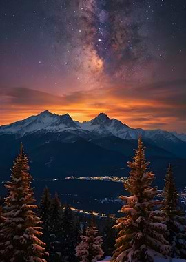 Milky Way Over Snowy Mountains and Town