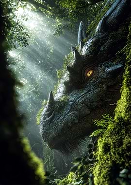 Moss-Covered Dragon in Sunlit Forest