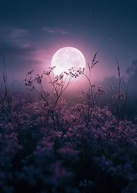 Moonlit Meadow with Wildflowers