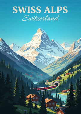 Swiss Alps Train Travel Poster