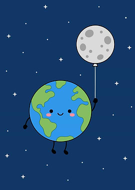 Cute Earth Holding Balloon of Moon