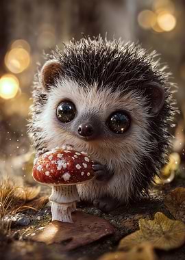 Cute hedgehog holding red mushroom