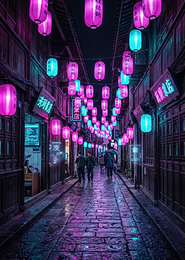 Neon Lantern Street at Night