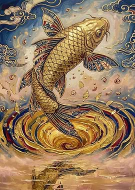 Golden Koi Fish in Swirling Waters