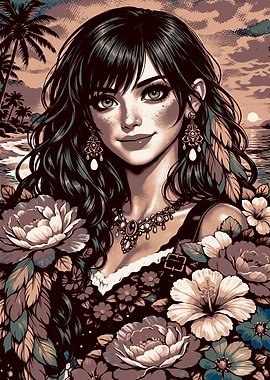Bohemian Woman with Flowers and Tropical Background