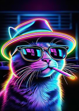 Neon Cat with Sunglasses and Hat