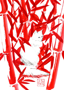 White Cat Among Red Bamboo
