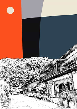 Japanese Village with Abstract Sky