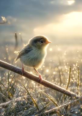 Tiny bird on a frosty branch